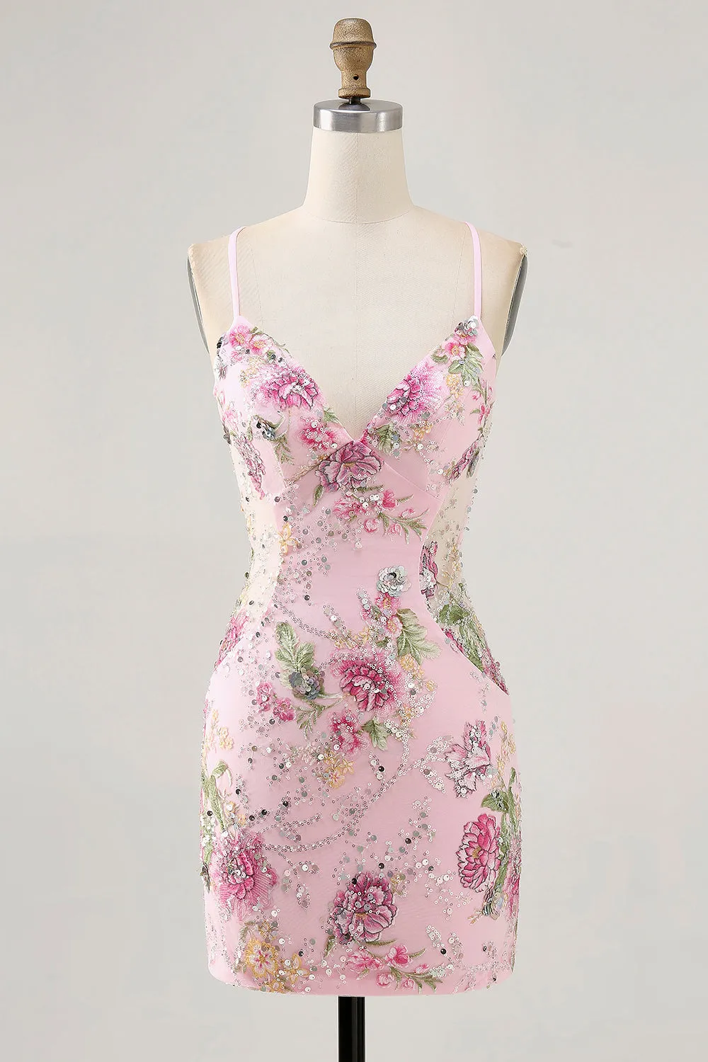 Pink Bodycon Short Floral Homecoming Dress with Sequins sold by Zapaka