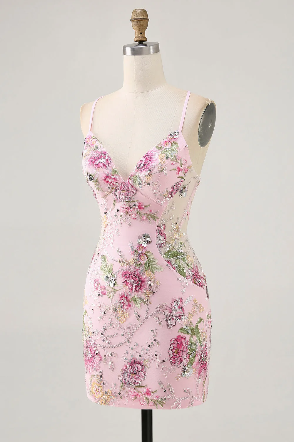 Pink Bodycon Short Floral Homecoming Dress with Sequins sold by Zapaka product image thumbnail 3