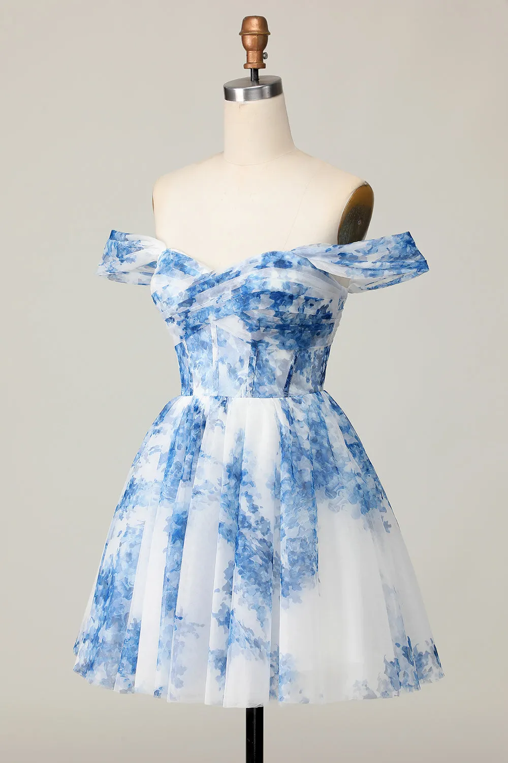 White Blue Flower Off the Shoulder A Line Short Homecoming Dress sold by Zapaka product image thumbnail 3