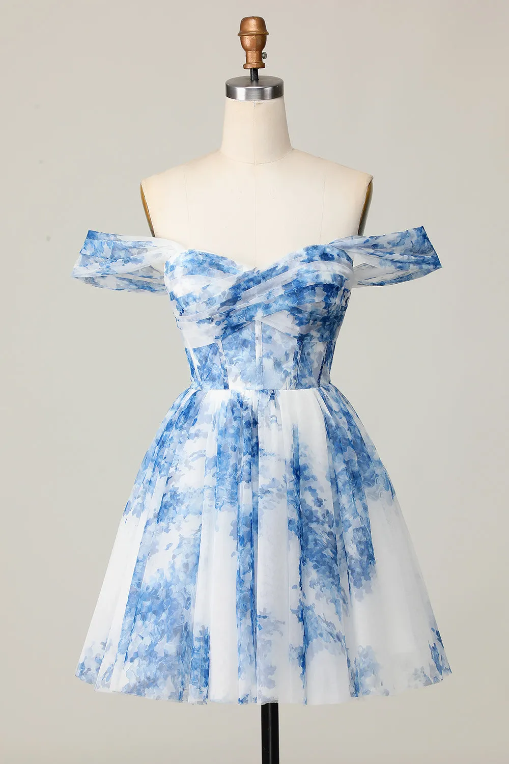 White Blue Flower Off the Shoulder A Line Short Homecoming Dress sold by Zapaka