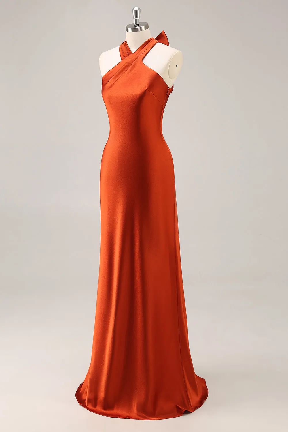 Rust Satin Halter Mermaid Long Bridesmaid Dress with Bow sold by Zapaka product image thumbnail 3