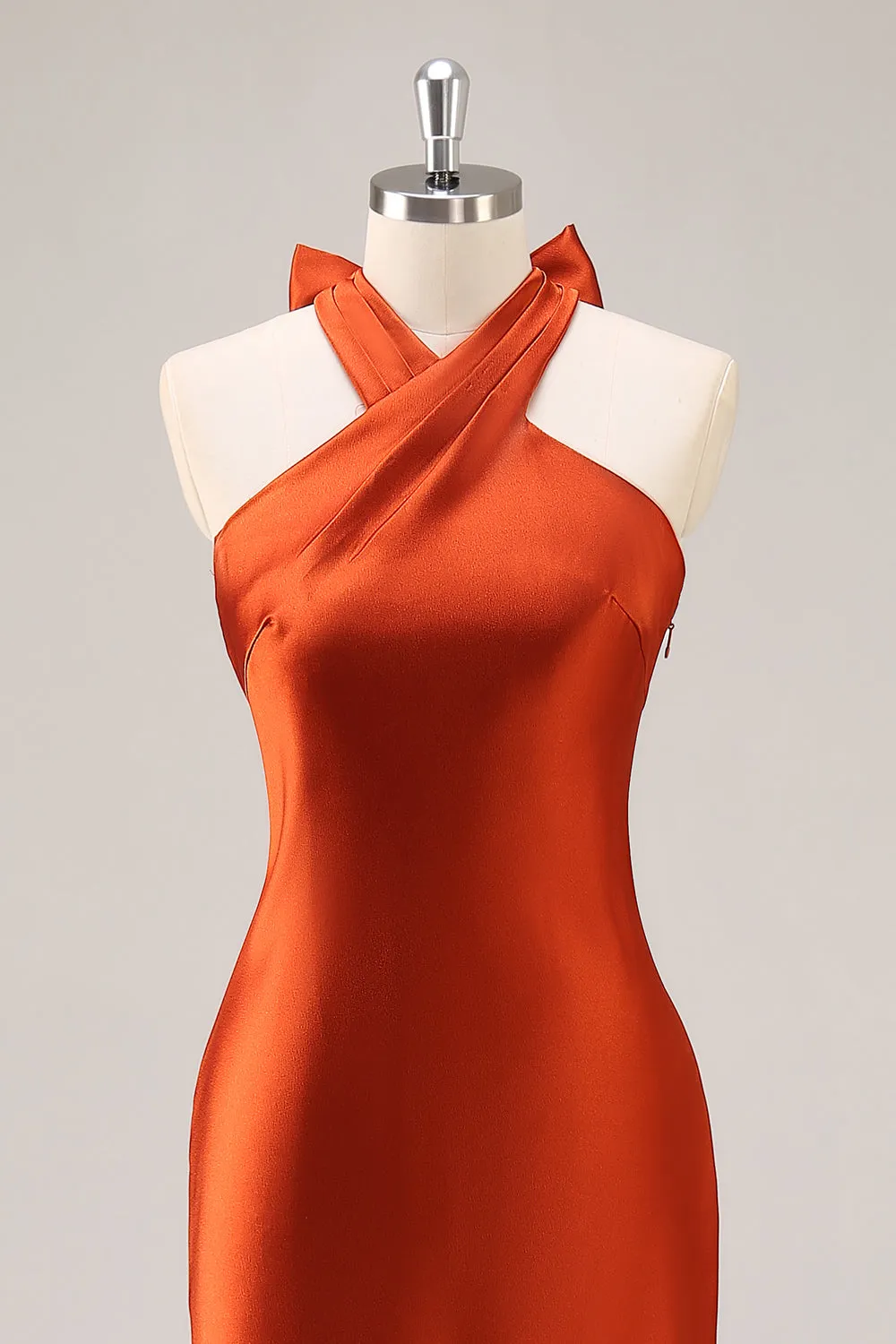Rust Satin Halter Mermaid Long Bridesmaid Dress with Bow sold by Zapaka product image thumbnail 4
