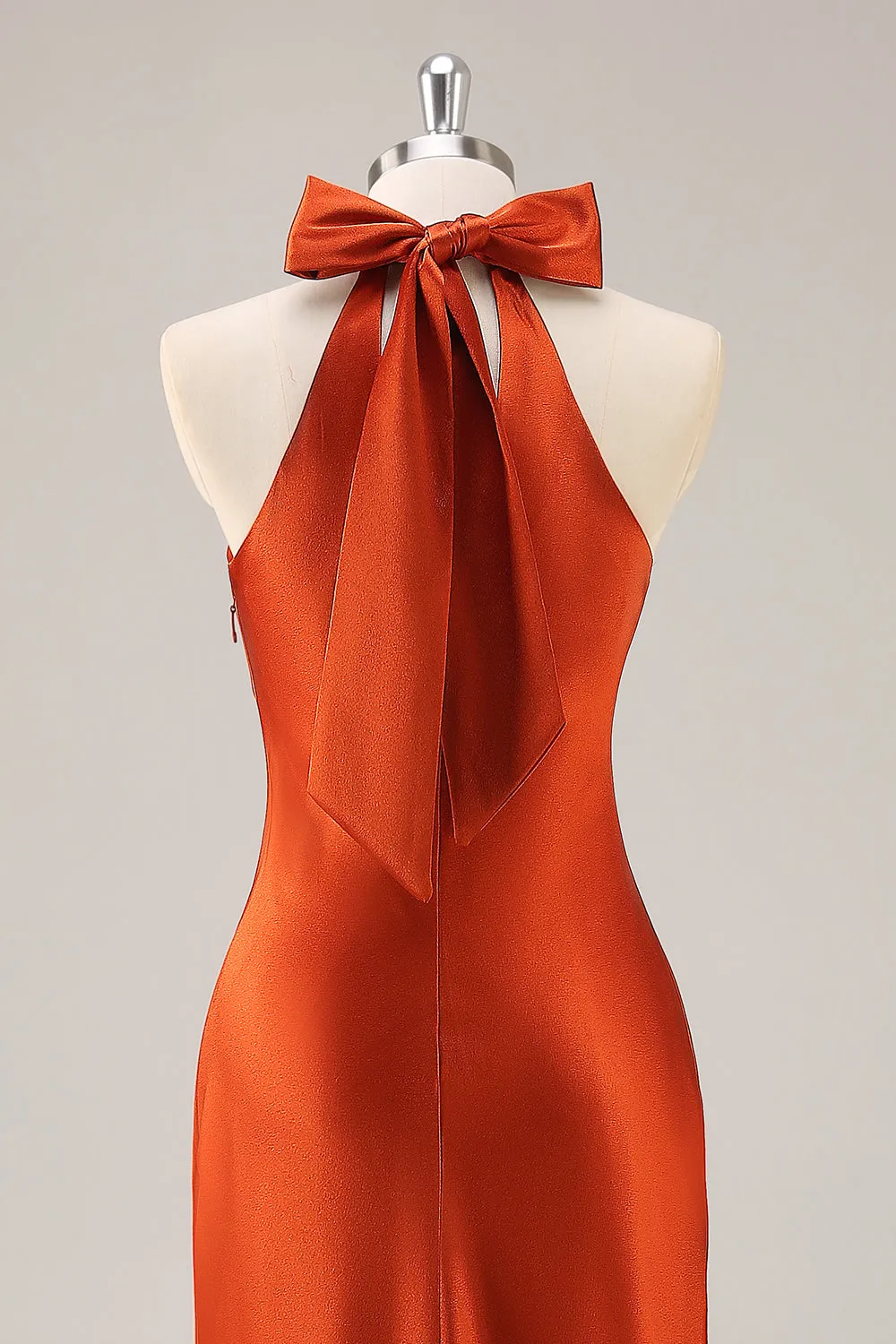 Rust Satin Halter Mermaid Long Bridesmaid Dress with Bow sold by Zapaka product image thumbnail 5