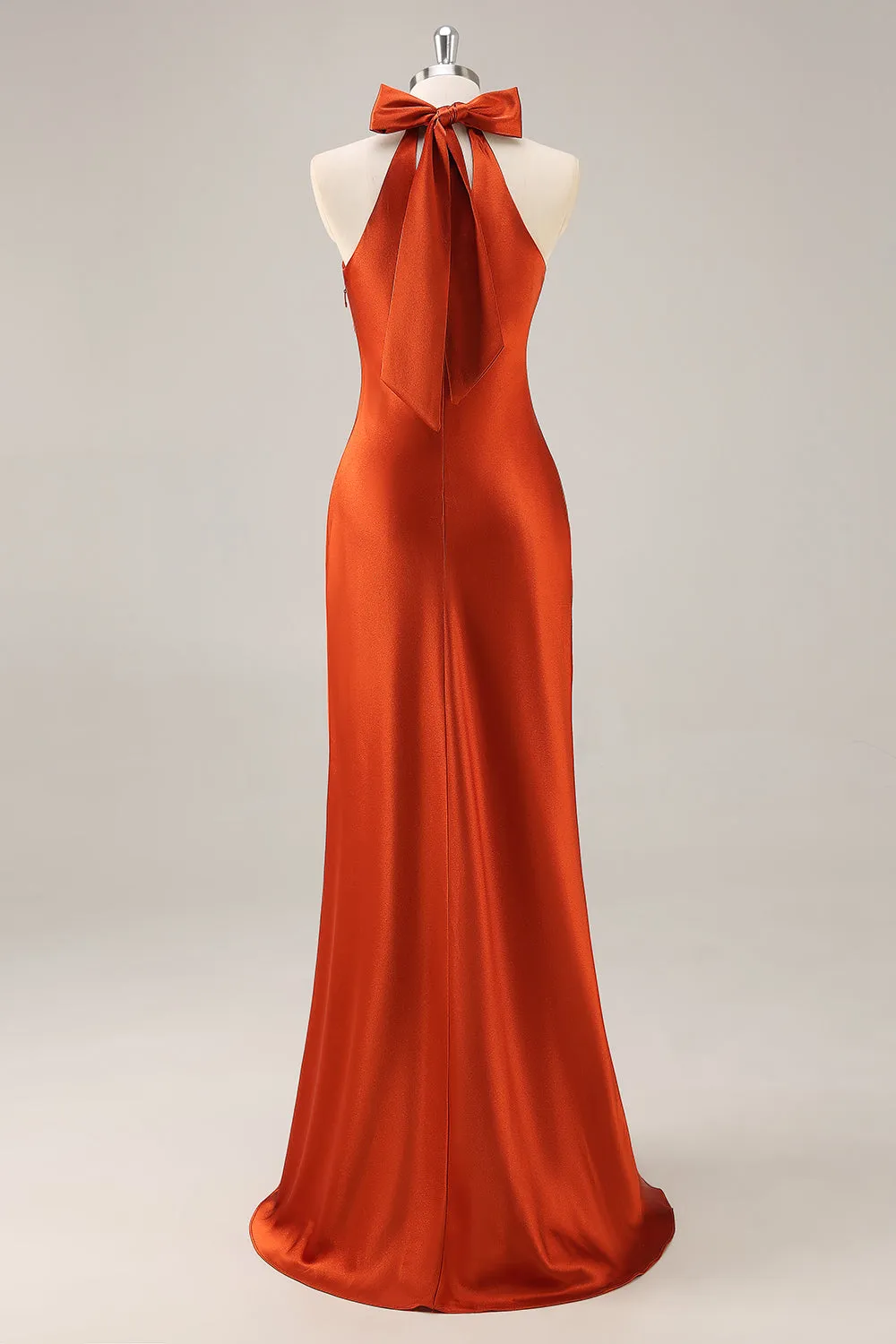 Rust Satin Halter Mermaid Long Bridesmaid Dress with Bow sold by Zapaka product image thumbnail 2