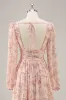 Pink Floral V-Neck Long Sleeves Chiffon Bridesmaid Dress with Slit sold by Zapaka