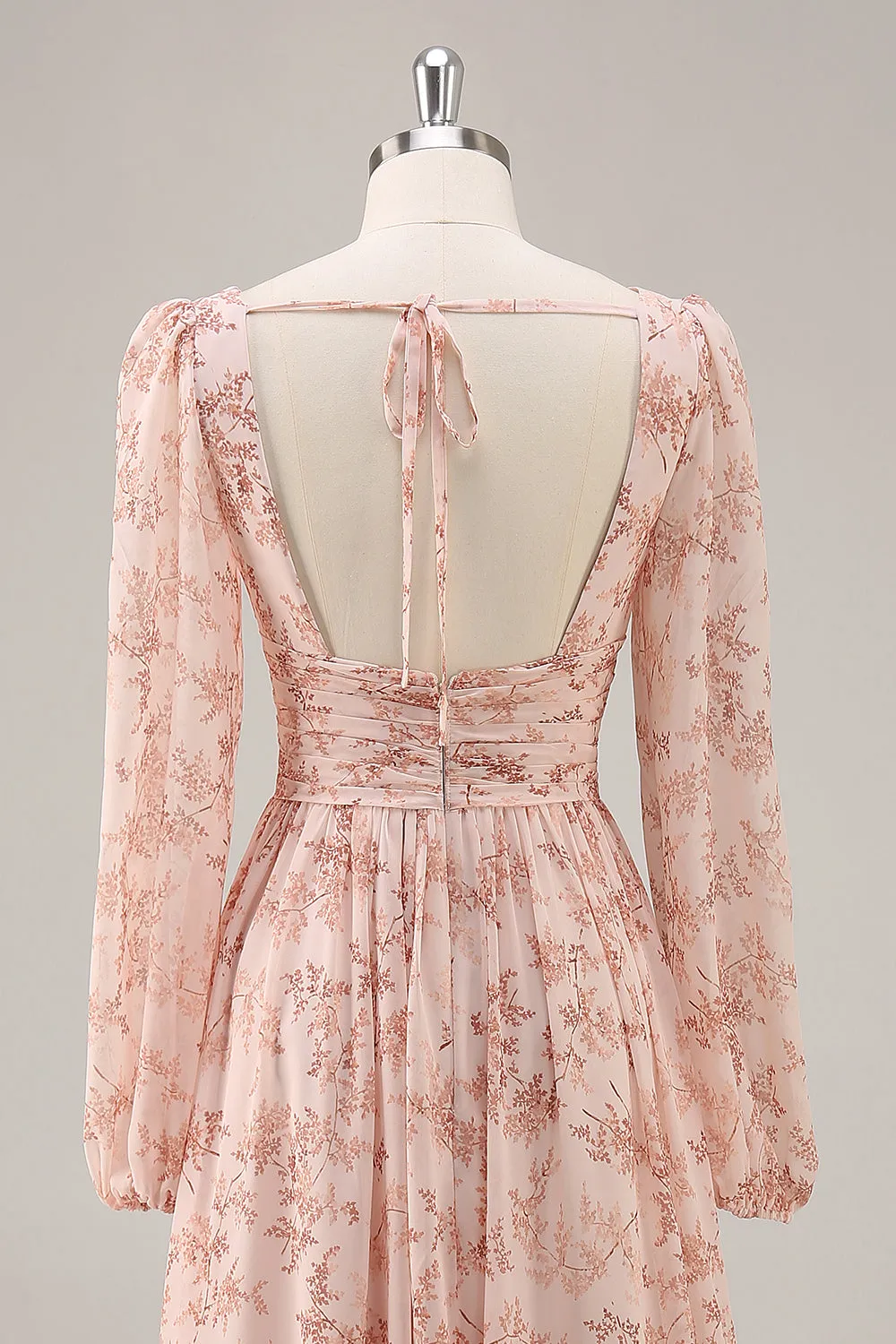 Pink Floral V-Neck Long Sleeves Chiffon Bridesmaid Dress with Slit sold by Zapaka product image thumbnail 5