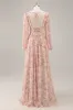 Pink Floral V-Neck Long Sleeves Chiffon Bridesmaid Dress with Slit sold by Zapaka