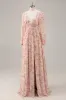 Pink Floral V-Neck Long Sleeves Chiffon Bridesmaid Dress with Slit sold by Zapaka