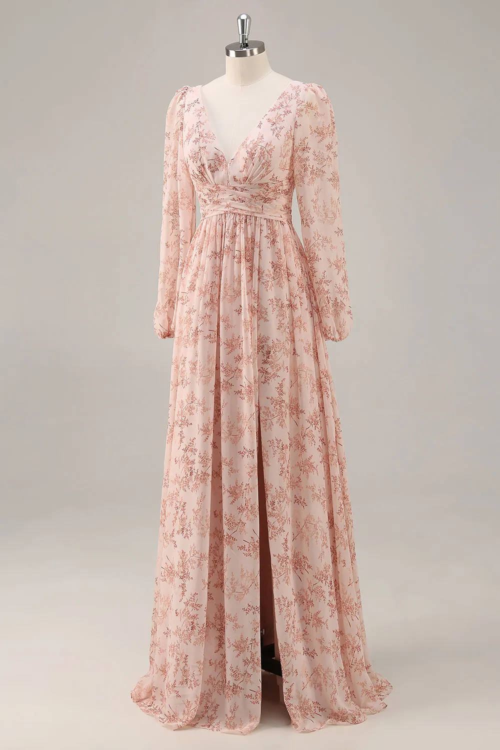 Pink Floral V-Neck Long Sleeves Chiffon Bridesmaid Dress with Slit sold by Zapaka product image thumbnail 3