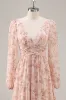 Pink Floral V-Neck Long Sleeves Chiffon Bridesmaid Dress with Slit sold by Zapaka