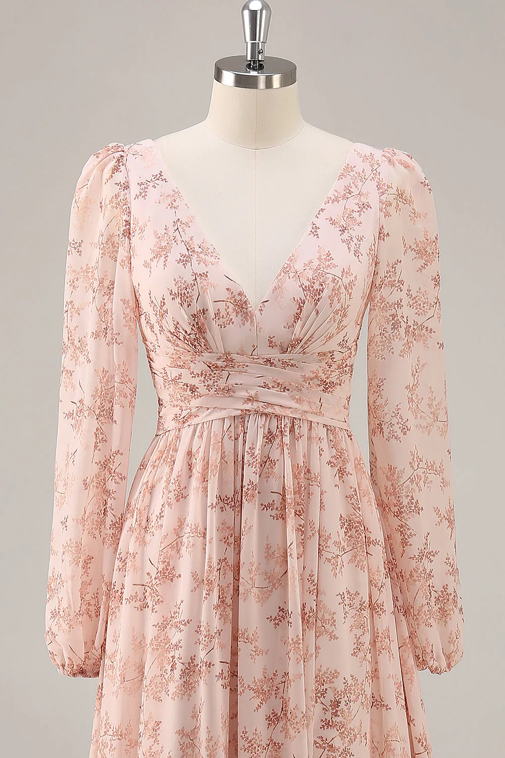 Pink Floral V-Neck Long Sleeves Chiffon Bridesmaid Dress with Slit sold by Zapaka product image thumbnail 4