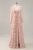 Pink Floral V-Neck Long Sleeves Chiffon Bridesmaid Dress with Slit sold by Zapaka