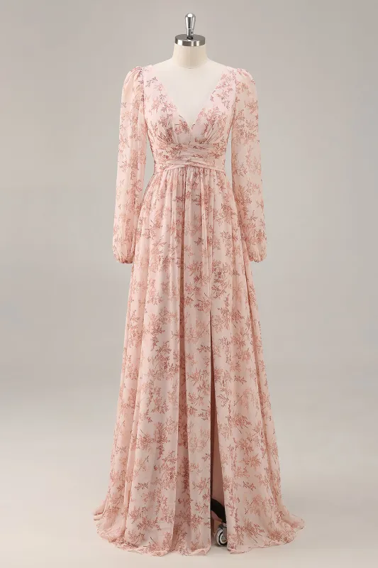 Pink Floral V-Neck Long Sleeves Chiffon Bridesmaid Dress with Slit sold by Zapaka