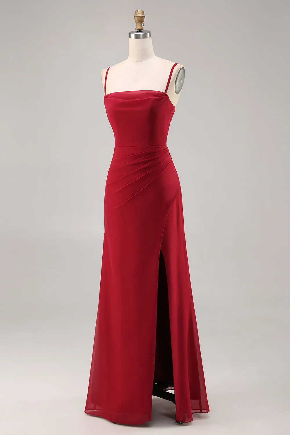 Dark Red Spaghetti Straps Ruched Chiffon Long Bridesmaid Dress with Slit sold by Zapaka product image thumbnail 3