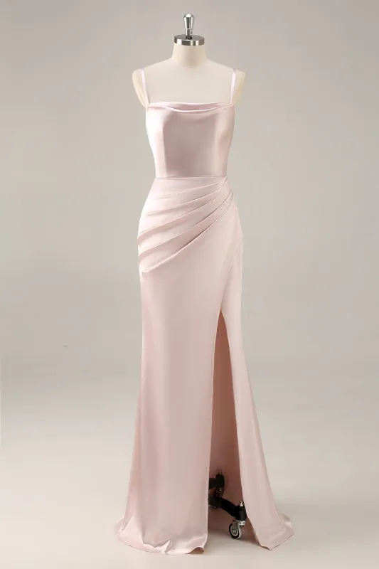Candy Pink Satin Mermaid Ruched Long Bridesmaid Dress with Slit sold by Zapaka