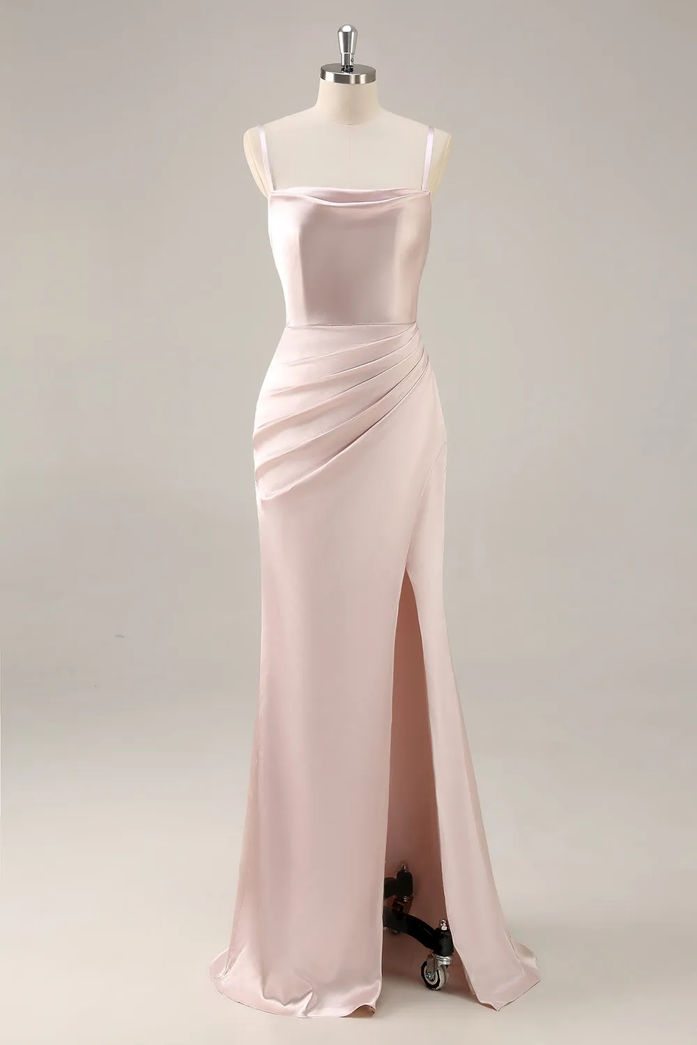 Candy Pink Satin Mermaid Ruched Long Bridesmaid Dress with Slit sold by Zapaka
