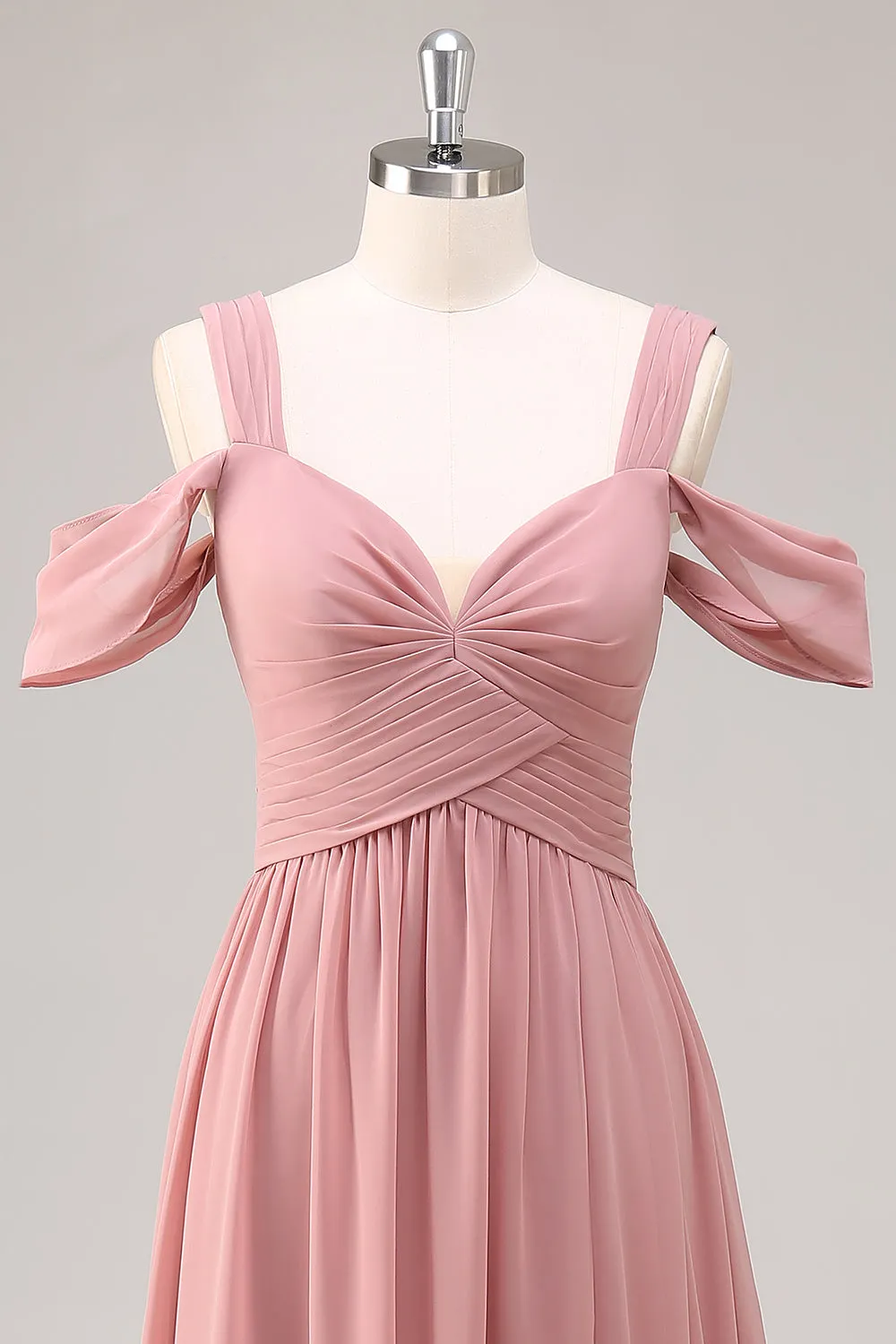 Dusty Rose Cold Shoulder Chiffon Ruched Long Bridesmaid Dress with Slit sold by Zapaka product image thumbnail 4