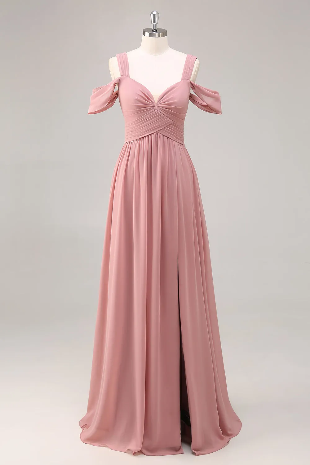 Dusty Rose Cold Shoulder Chiffon Ruched Long Bridesmaid Dress with Slit sold by Zapaka