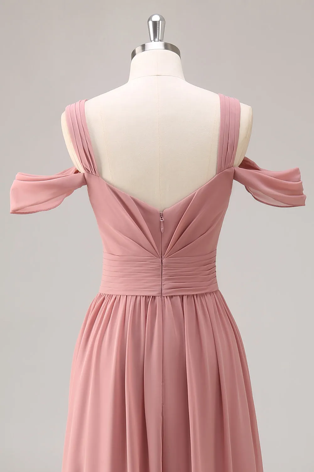 Dusty Rose Cold Shoulder Chiffon Ruched Long Bridesmaid Dress with Slit sold by Zapaka product image thumbnail 5