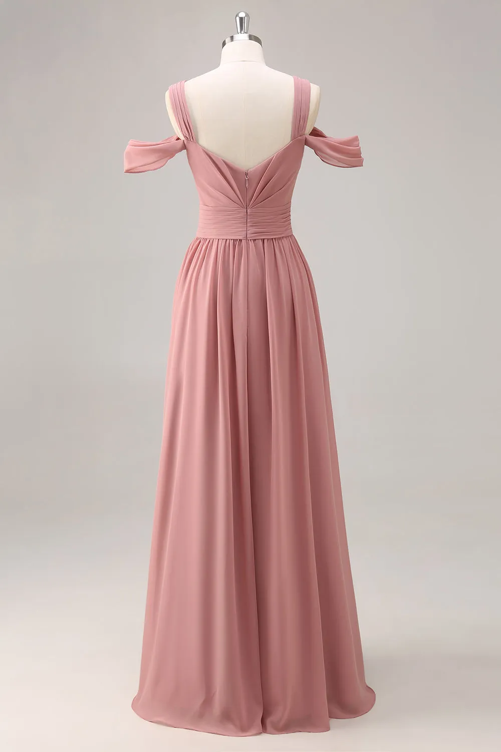 Dusty Rose Cold Shoulder Chiffon Ruched Long Bridesmaid Dress with Slit sold by Zapaka product image thumbnail 2