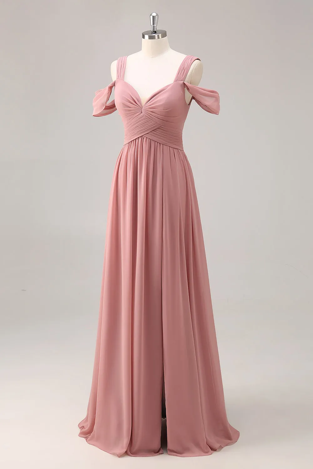 Dusty Rose Cold Shoulder Chiffon Ruched Long Bridesmaid Dress with Slit sold by Zapaka product image thumbnail 3