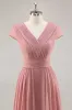 Dusty Rose V-Neck Ruched Chiffon Long Bridesmaid Dress with Drape sold by Zapaka