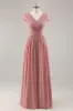 Dusty Rose V-Neck Ruched Chiffon Long Bridesmaid Dress with Drape sold by Zapaka