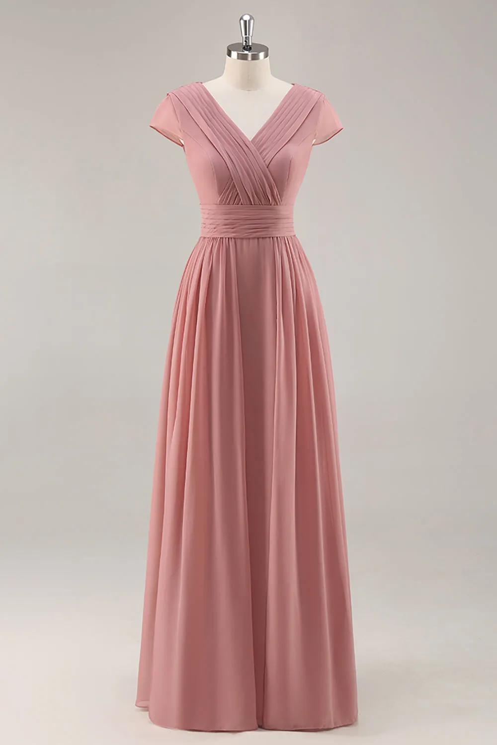 Dusty Rose V-Neck Ruched Chiffon Long Bridesmaid Dress with Drape sold by Zapaka