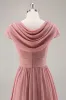 Dusty Rose V-Neck Ruched Chiffon Long Bridesmaid Dress with Drape sold by Zapaka