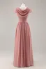 Dusty Rose V-Neck Ruched Chiffon Long Bridesmaid Dress with Drape sold by Zapaka