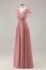 Dusty Rose V-Neck Ruched Chiffon Long Bridesmaid Dress with Drape sold by Zapaka