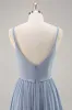 Dusty Blue Chiffon Ruched Long Bridesmaid Dress with Slit sold by Zapaka