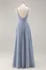 Dusty Blue Chiffon Ruched Long Bridesmaid Dress with Slit sold by Zapaka