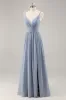 Dusty Blue Chiffon Ruched Long Bridesmaid Dress with Slit sold by Zapaka