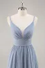 Dusty Blue Chiffon Ruched Long Bridesmaid Dress with Slit sold by Zapaka