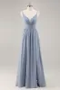 Dusty Blue Chiffon Ruched Long Bridesmaid Dress with Slit sold by Zapaka