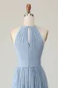 Dusty Blue Halter Chiffon Ruched Long Bridesmaid Dress with Keyholes sold by Zapaka