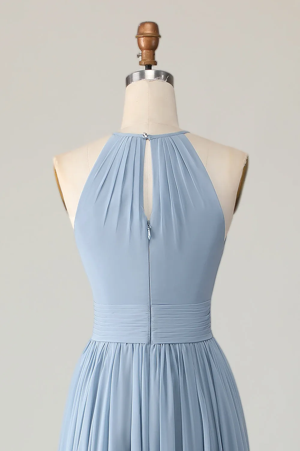Dusty Blue Halter Chiffon Ruched Long Bridesmaid Dress with Keyholes sold by Zapaka product image thumbnail 5