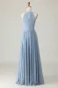 Dusty Blue Halter Chiffon Ruched Long Bridesmaid Dress with Keyholes sold by Zapaka