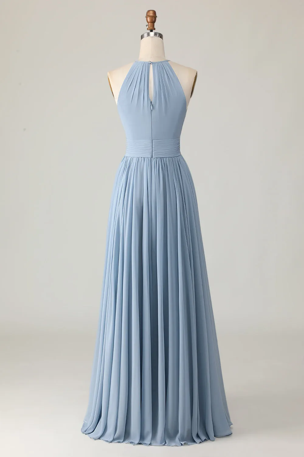 Dusty Blue Halter Chiffon Ruched Long Bridesmaid Dress with Keyholes sold by Zapaka product image thumbnail 2