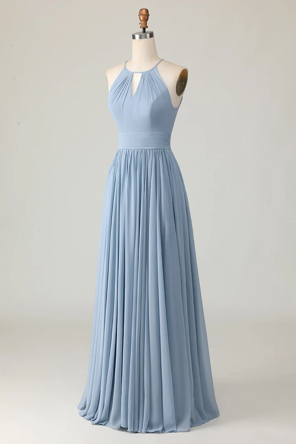 Dusty Blue Halter Chiffon Ruched Long Bridesmaid Dress with Keyholes sold by Zapaka product image thumbnail 3