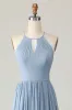 Dusty Blue Halter Chiffon Ruched Long Bridesmaid Dress with Keyholes sold by Zapaka