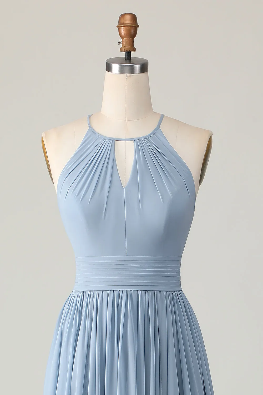 Dusty Blue Halter Chiffon Ruched Long Bridesmaid Dress with Keyholes sold by Zapaka product image thumbnail 4