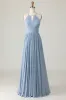 Dusty Blue Halter Chiffon Ruched Long Bridesmaid Dress with Keyholes sold by Zapaka