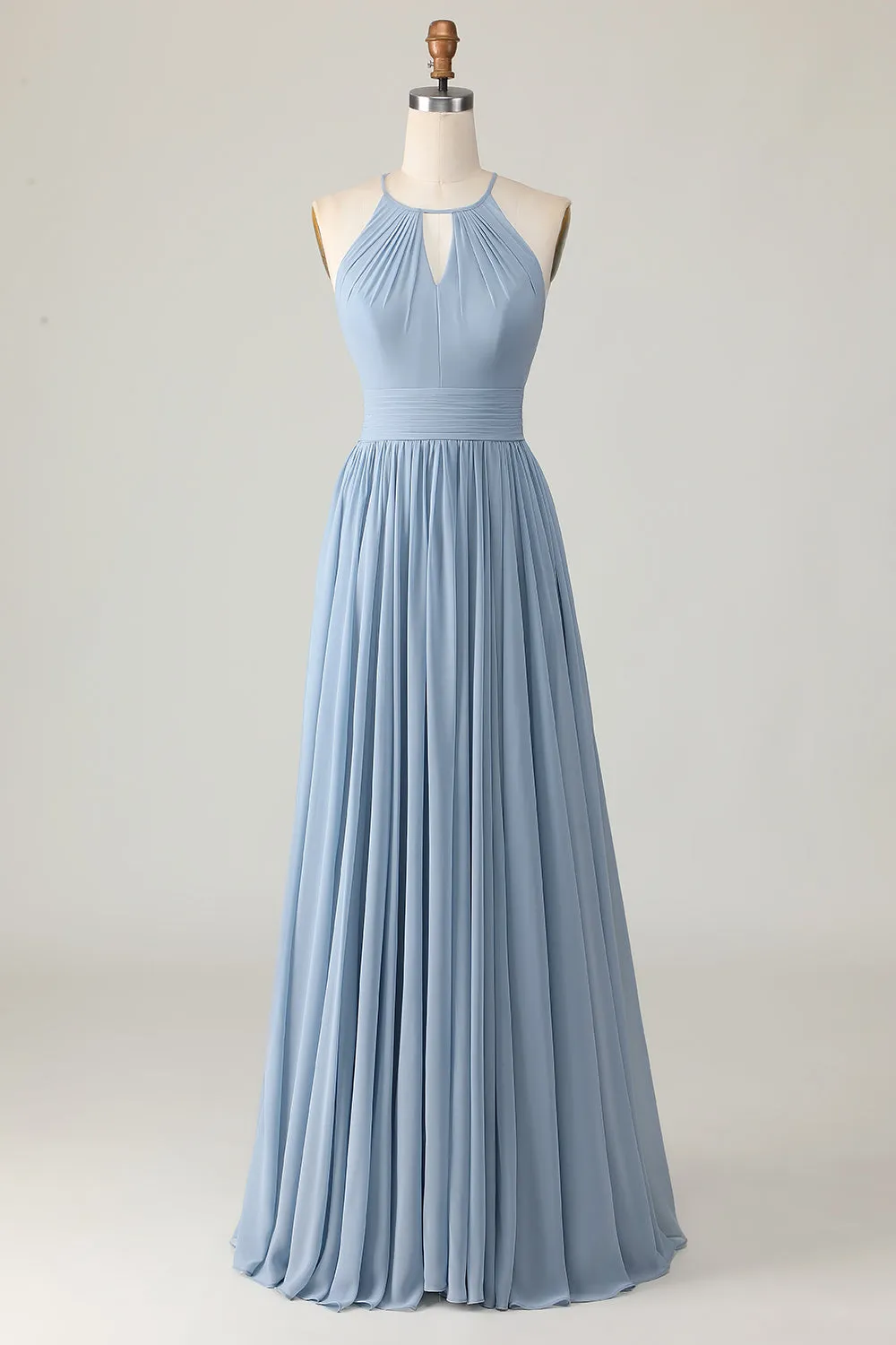Dusty Blue Halter Chiffon Ruched Long Bridesmaid Dress with Keyholes sold by Zapaka