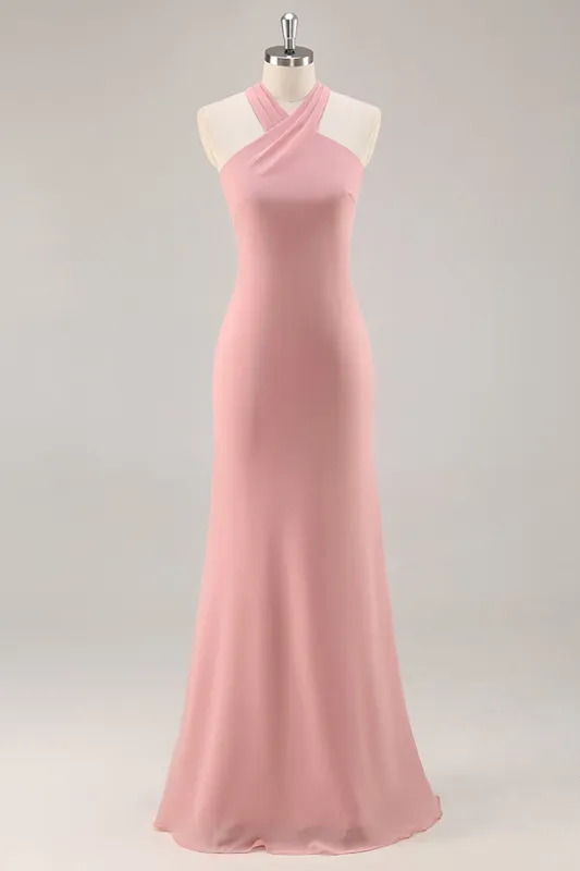 Blush Halter Mermaid Chiffon Long Bridesmaid Dress with Bow sold by Zapaka