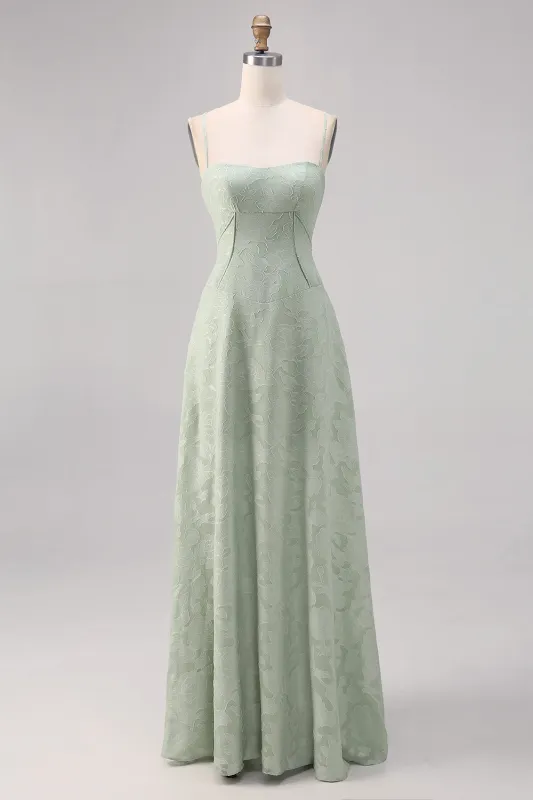 Sage Green Lace Corset A Line Long Bridesmaid Dress sold by Zapaka