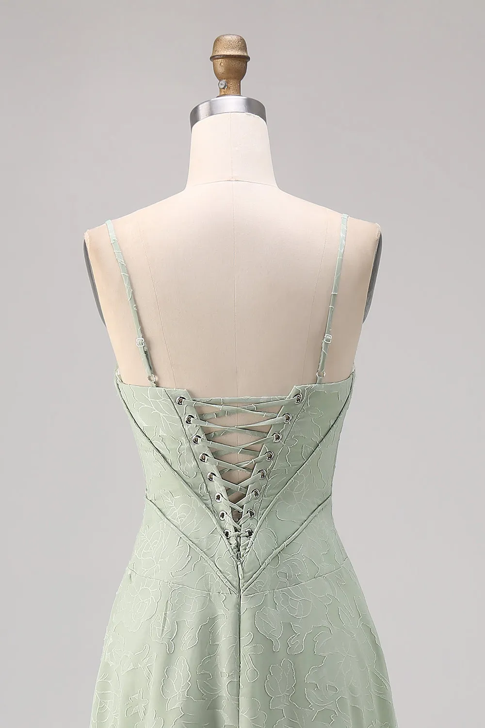 Sage Green Lace Corset A Line Long Bridesmaid Dress sold by Zapaka product image thumbnail 5