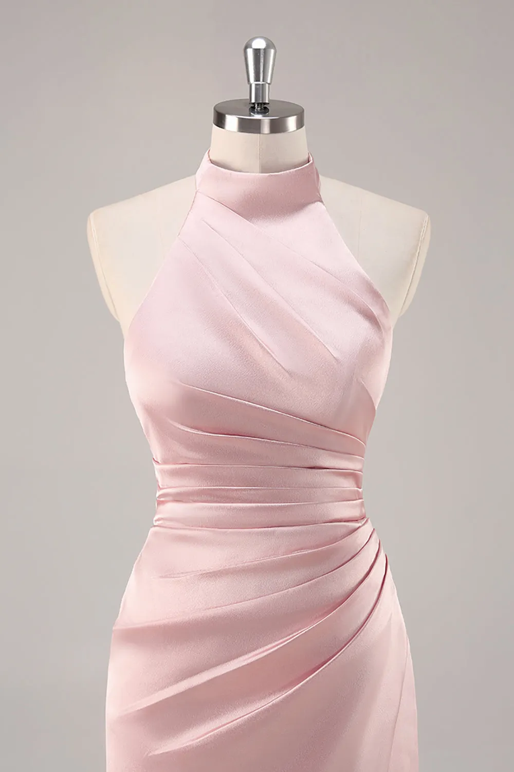 Blush High Neck Satin Ruched Long Bridesmaid Dress with Slit sold by Zapaka product image thumbnail 4