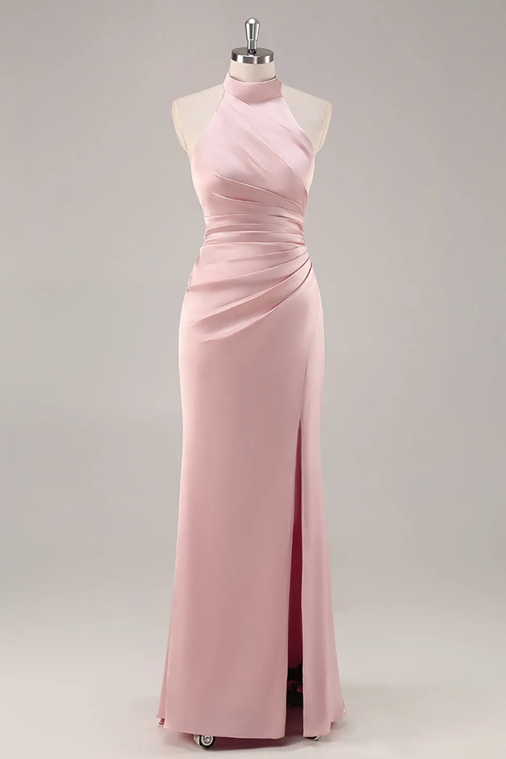 Blush High Neck Satin Ruched Long Bridesmaid Dress with Slit sold by Zapaka